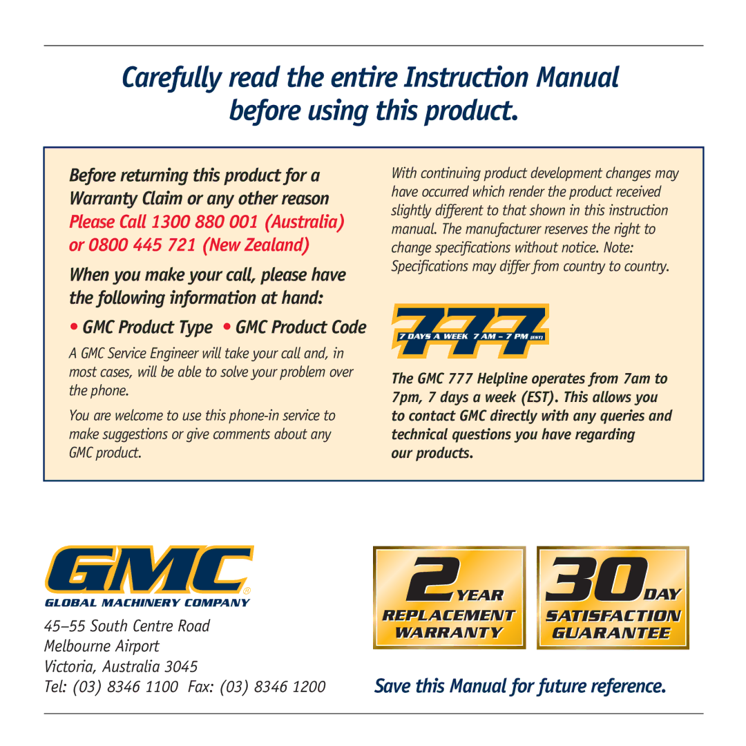 Global Machinery Company HT18V instruction manual Save this Manual for future reference 