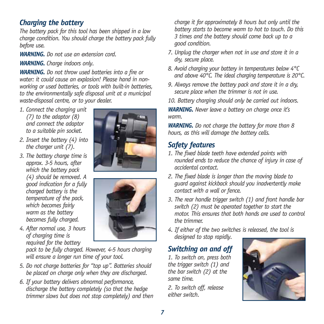 Global Machinery Company HT18V instruction manual Charging the battery, Safety features, Switching on and off 