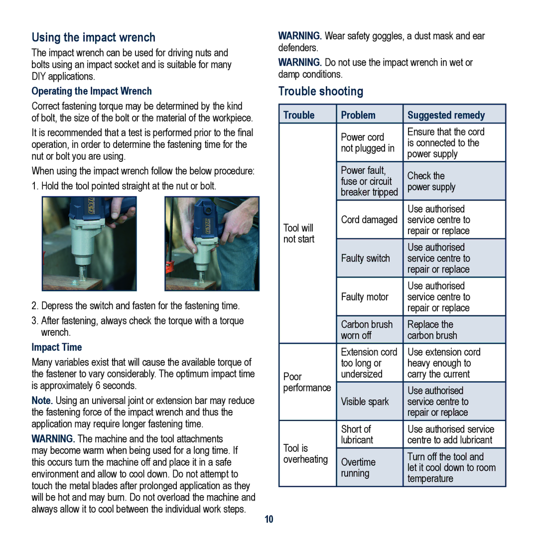 Global Machinery Company IW1000 Using the impact wrench, Trouble shooting, Operating the Impact Wrench, Impact Time 