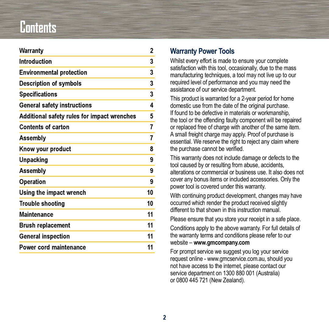 Global Machinery Company IW1000 instruction manual Contents 