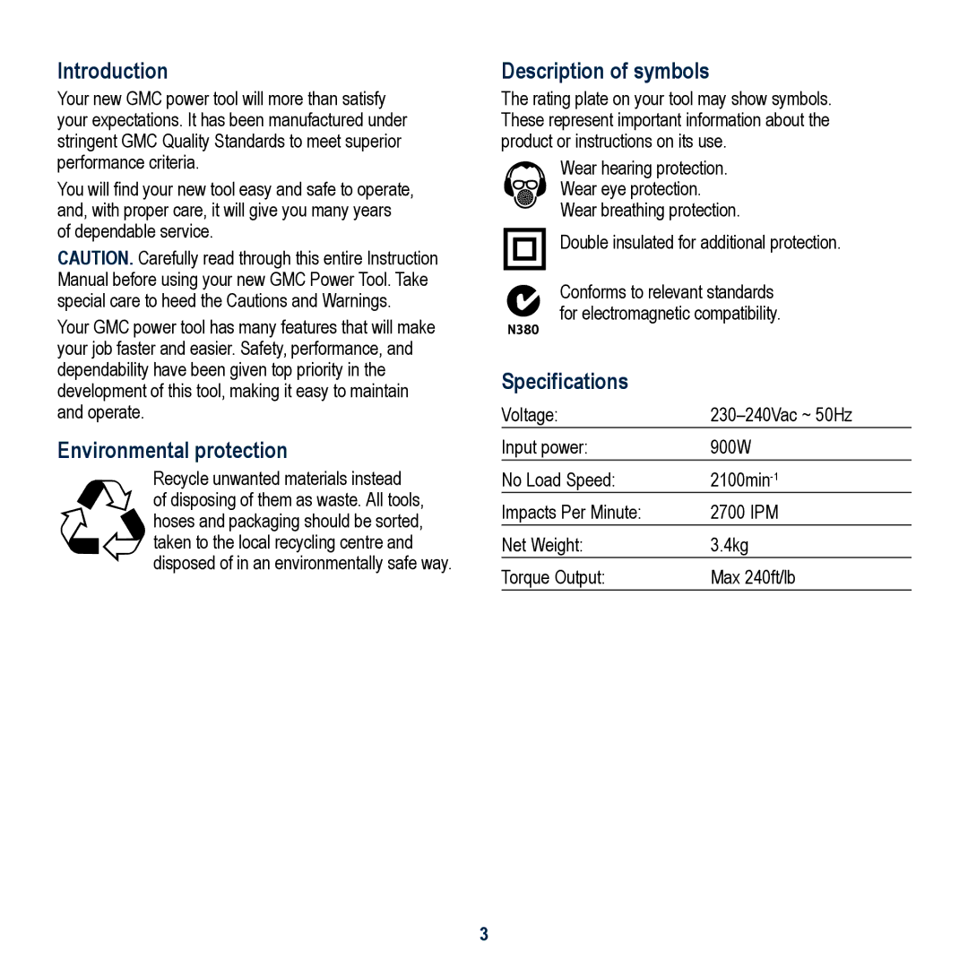 Global Machinery Company IW1000 Introduction, Environmental protection, Description of symbols, Specifications 