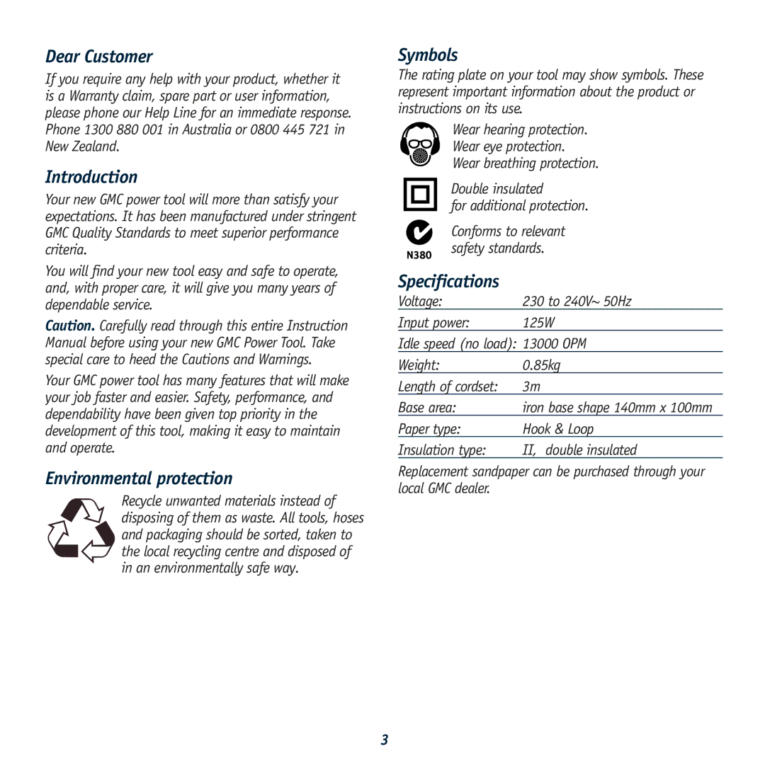 Global Machinery Company KAT150A Dear Customer, Introduction, Environmental protection, Symbols, Specifications 