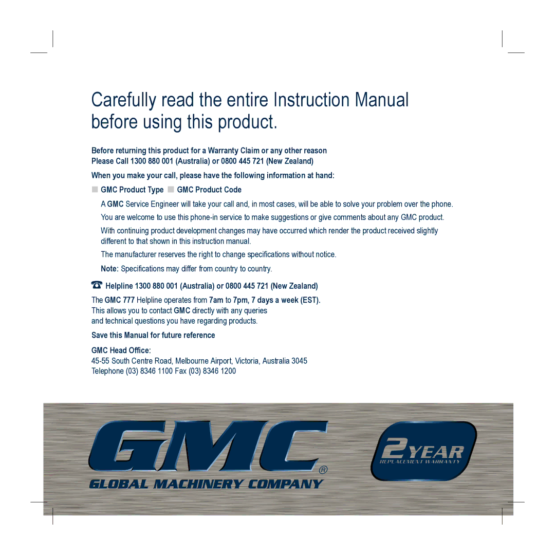 Global Machinery Company KAT150B instruction manual Save this Manual for future reference GMC Head Office 