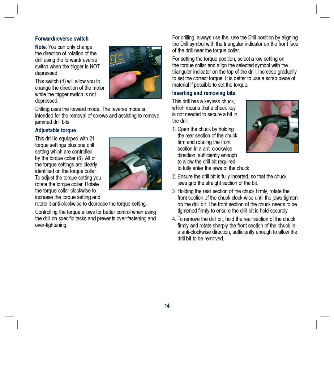 Global Machinery Company LD108V instruction manual Forward/reverse switch, Adjustable torque, Inserting and removing bits 