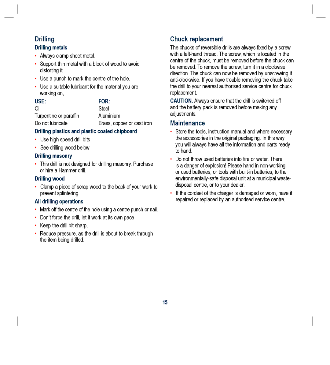 Global Machinery Company LD108V instruction manual Drilling, Chuck replacement, Maintenance 