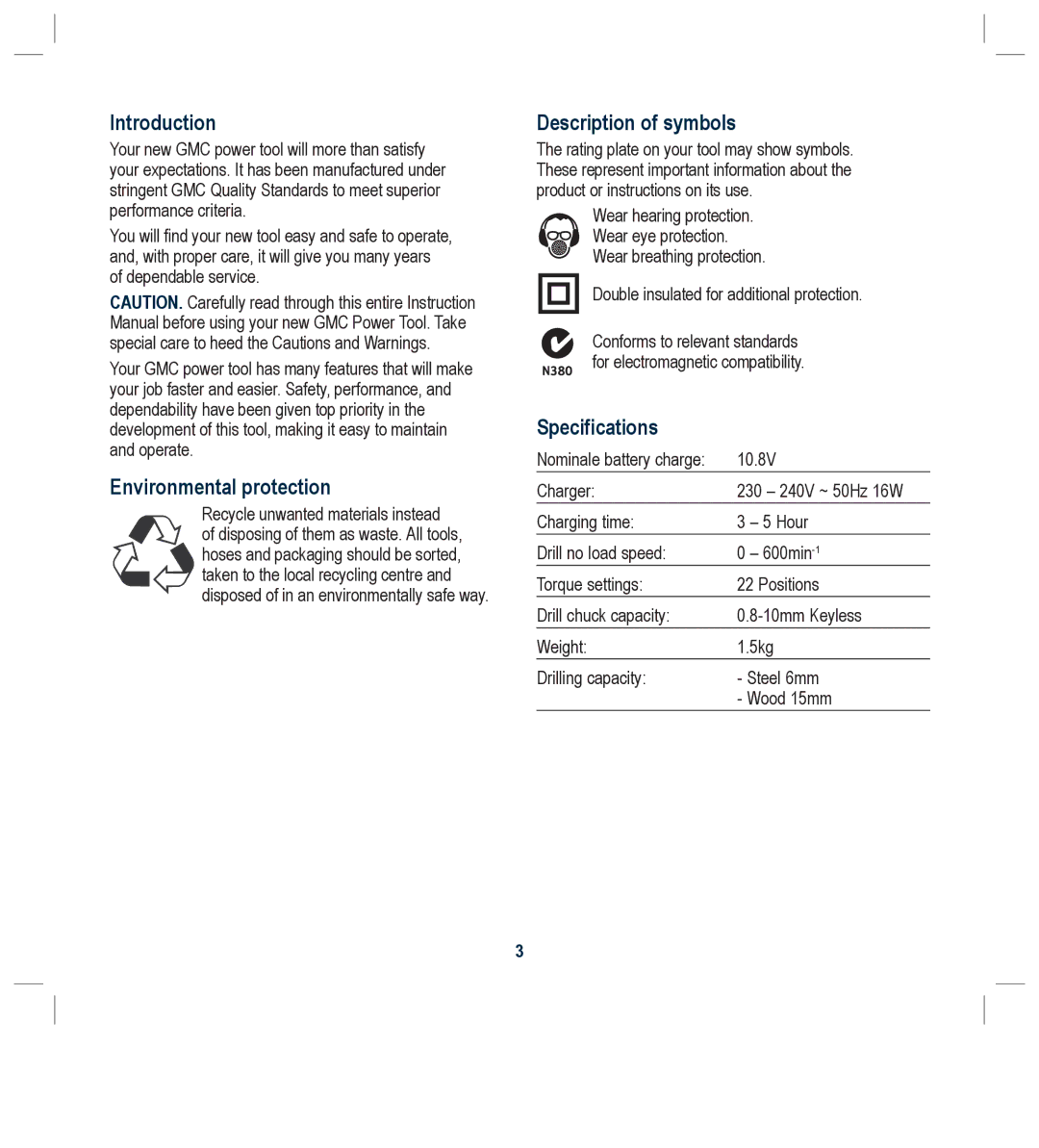 Global Machinery Company LD108V Introduction, Environmental protection, Description of symbols, Specifications 