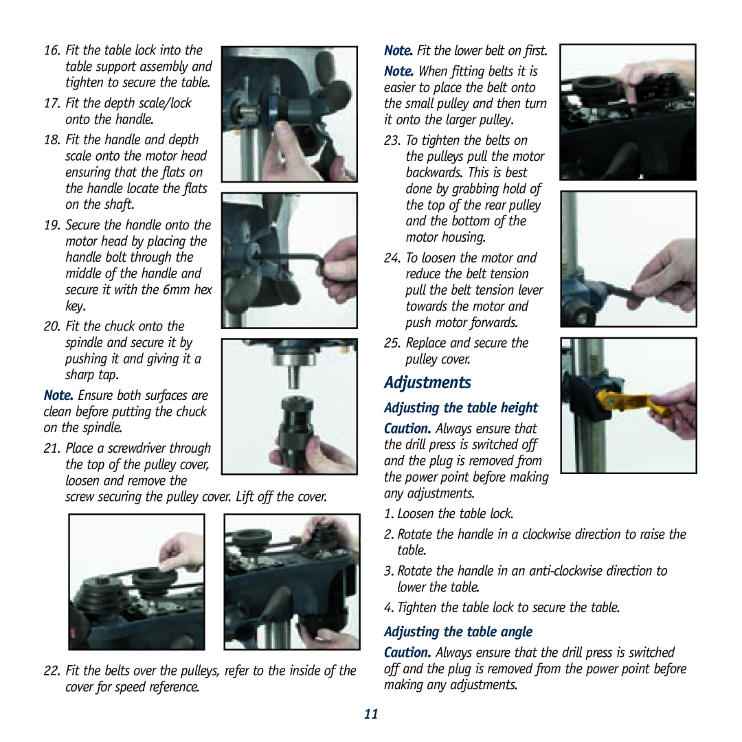 Global Machinery Company LDP13B12 instruction manual Adjustments, Adjusting the table height 