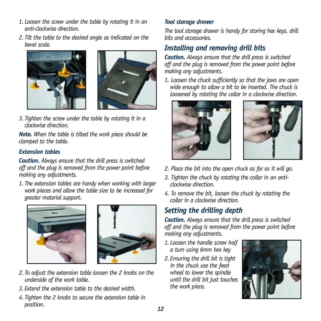 Global Machinery Company LDP13B12 instruction manual Installing and removing drill bits, Setting the drilling depth 