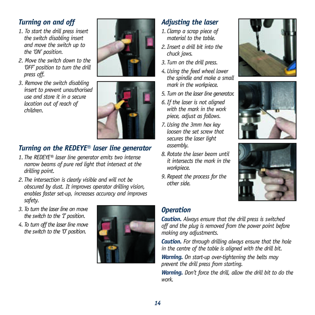 Global Machinery Company LDP13B12 instruction manual Turning on and off, Adjusting the laser, Operation 