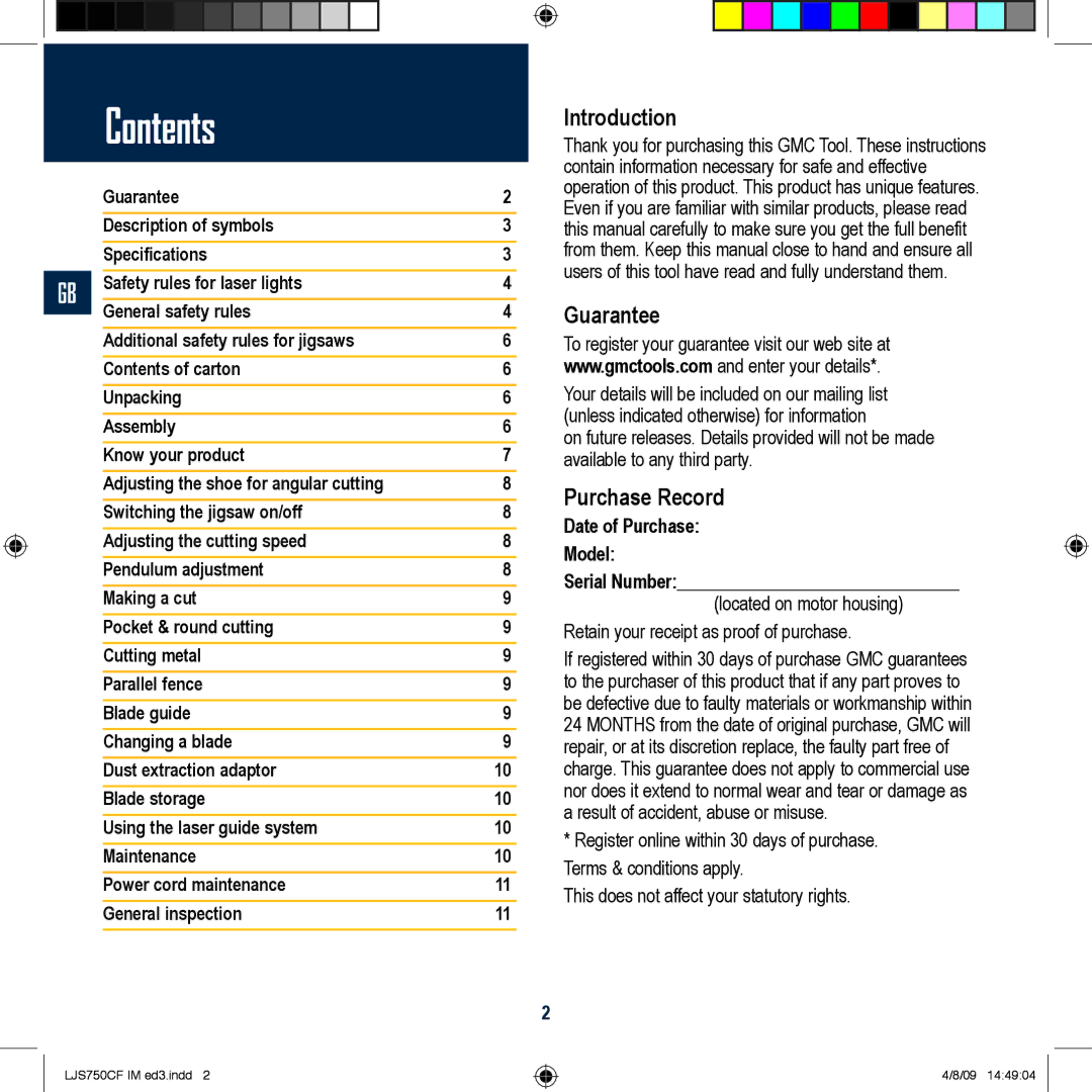 Global Machinery Company LJS750CF manual Contents 