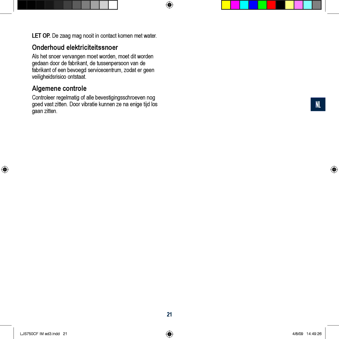 Global Machinery Company LJS750CF manual Onderhoud elektriciteitssnoer, Algemene controle 