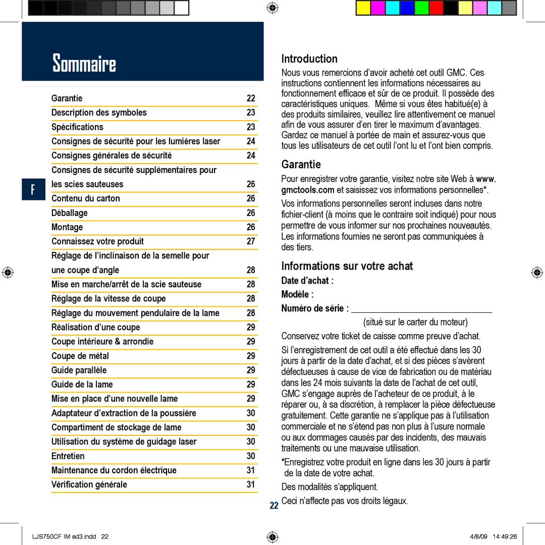 Global Machinery Company LJS750CF manual Informations sur votre achat, Date d’achat Modèle Numéro de série 