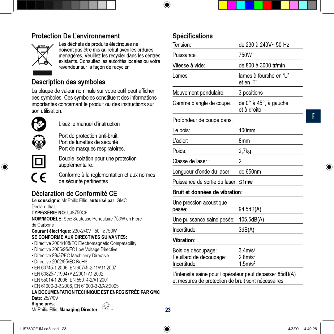 Global Machinery Company LJS750CF manual Protection De L’environnement, Description des symboles, Spécifications 