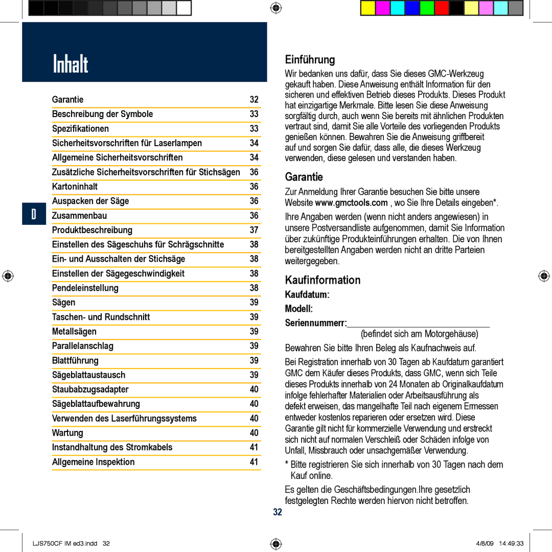 Global Machinery Company LJS750CF manual Einführung, Kaufinformation, Kaufdatum Modell Seriennummerr 