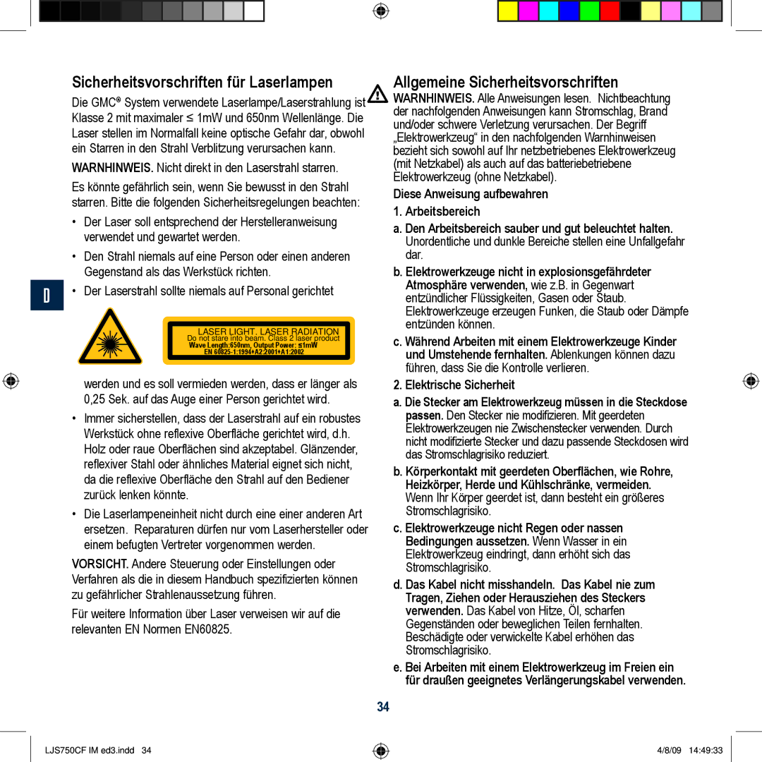 Global Machinery Company LJS750CF manual Sicherheitsvorschriften für Laserlampen, Allgemeine Sicherheitsvorschriften 