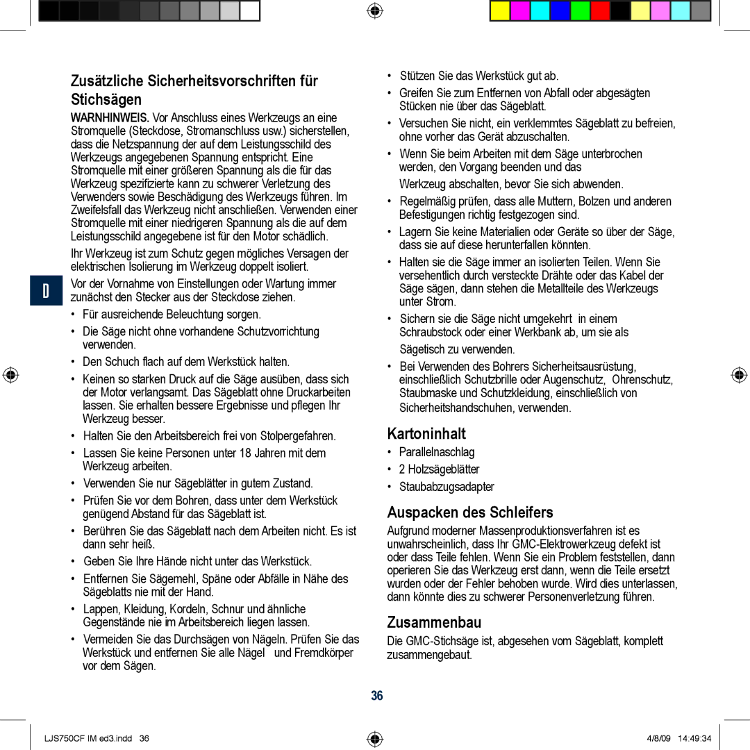 Global Machinery Company LJS750CF manual Zusätzliche Sicherheitsvorschriften für Stichsägen, Kartoninhalt, Zusammenbau 