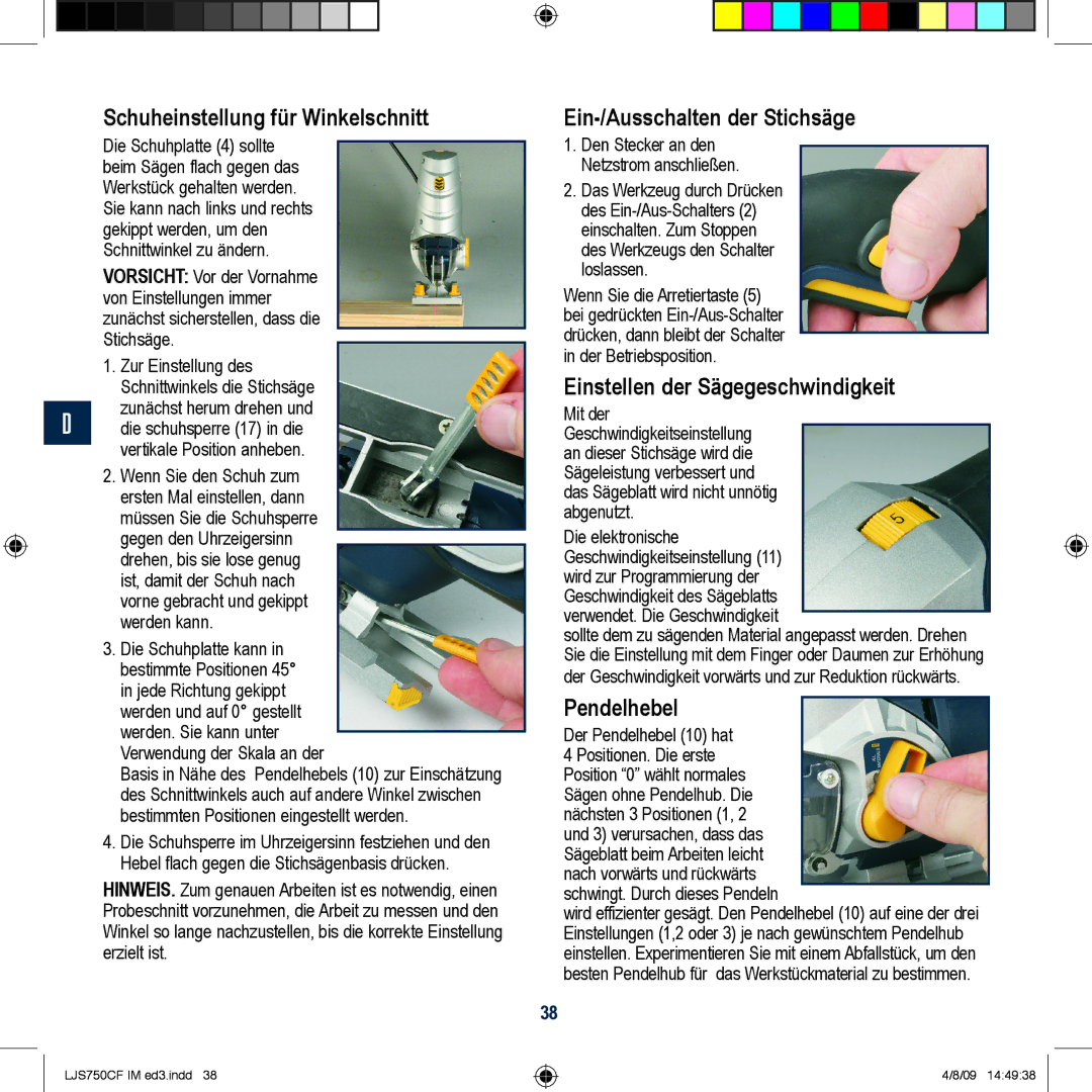 Global Machinery Company LJS750CF manual Schuheinstellung für Winkelschnitt, Ein-/Ausschalten der Stichsäge, Pendelhebel 