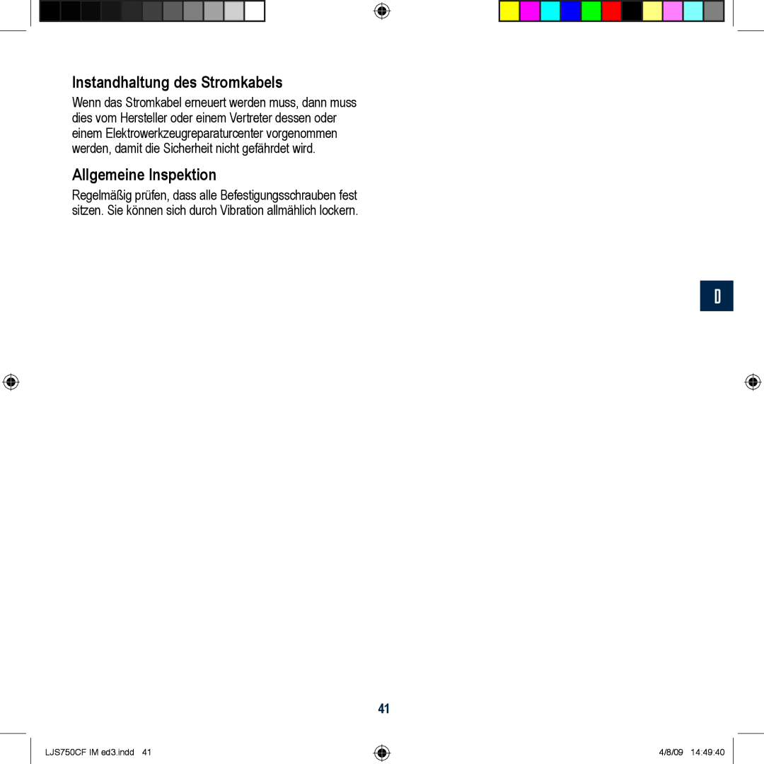 Global Machinery Company LJS750CF manual Instandhaltung des Stromkabels, Allgemeine Inspektion 