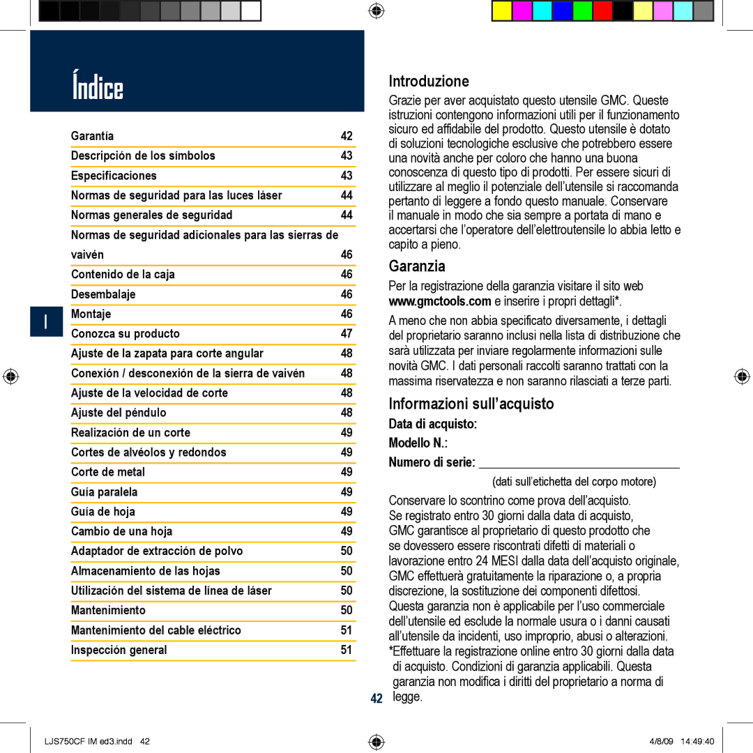 Global Machinery Company LJS750CF manual Introduzione, Garanzia, Informazioni sull’acquisto 