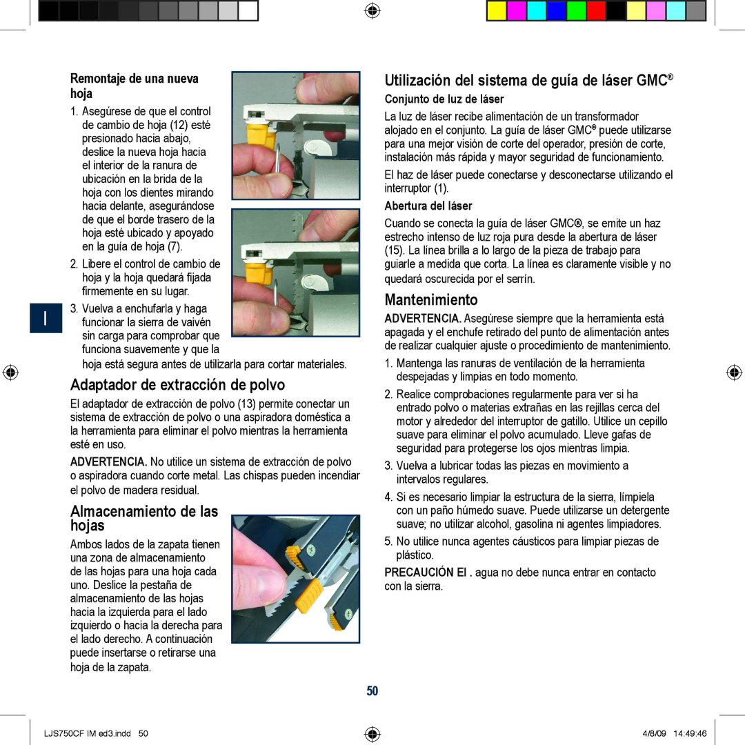 Global Machinery Company LJS750CF manual Adaptador de extracción de polvo, Almacenamiento de las hojas, Mantenimiento 