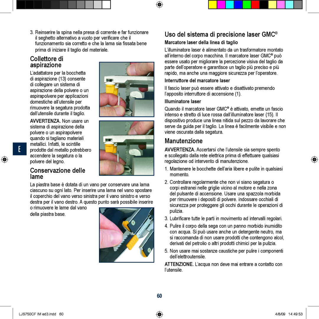 Global Machinery Company LJS750CF manual Collettore di aspirazione, Conservazione delle lame, Manutenzione 