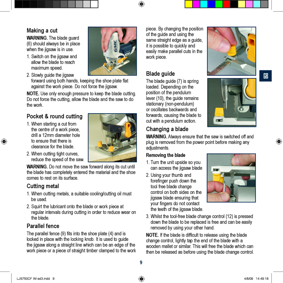 Global Machinery Company LJS750CF manual Making a cut, Pocket & round cutting, Cutting metal, Parallel fence, Blade guide 