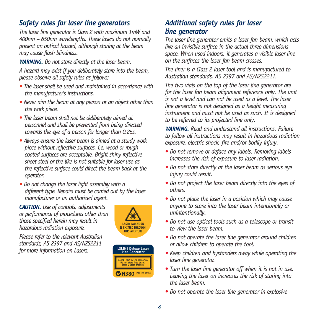 Global Machinery Company LS LINE/REDEYE instruction manual Safety rules for laser line generators 