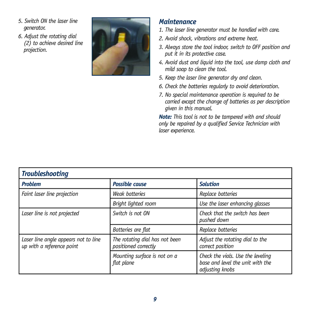 Global Machinery Company LS LINE/REDEYE instruction manual Maintenance, Troubleshooting, Problem Possible cause Solution 