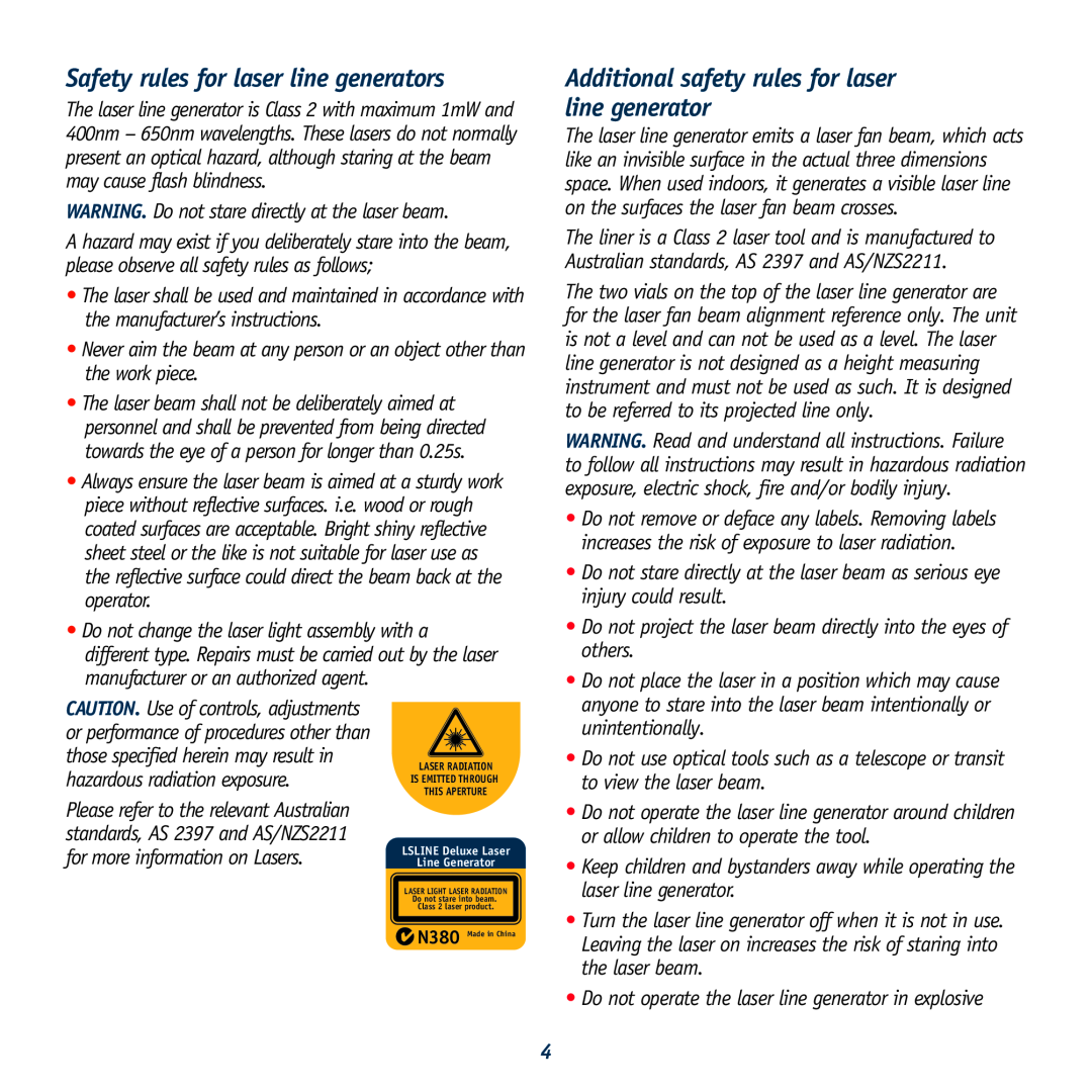 Global Machinery Company LS LINE/REDEYE Safety rules for laser line generators, injury could result, others, N380 
