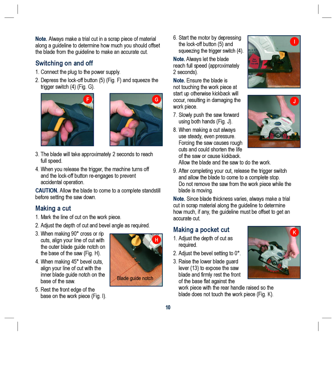 Global Machinery Company LS1200 instruction manual Switching on and off, Making a cut, Making a pocket cut 