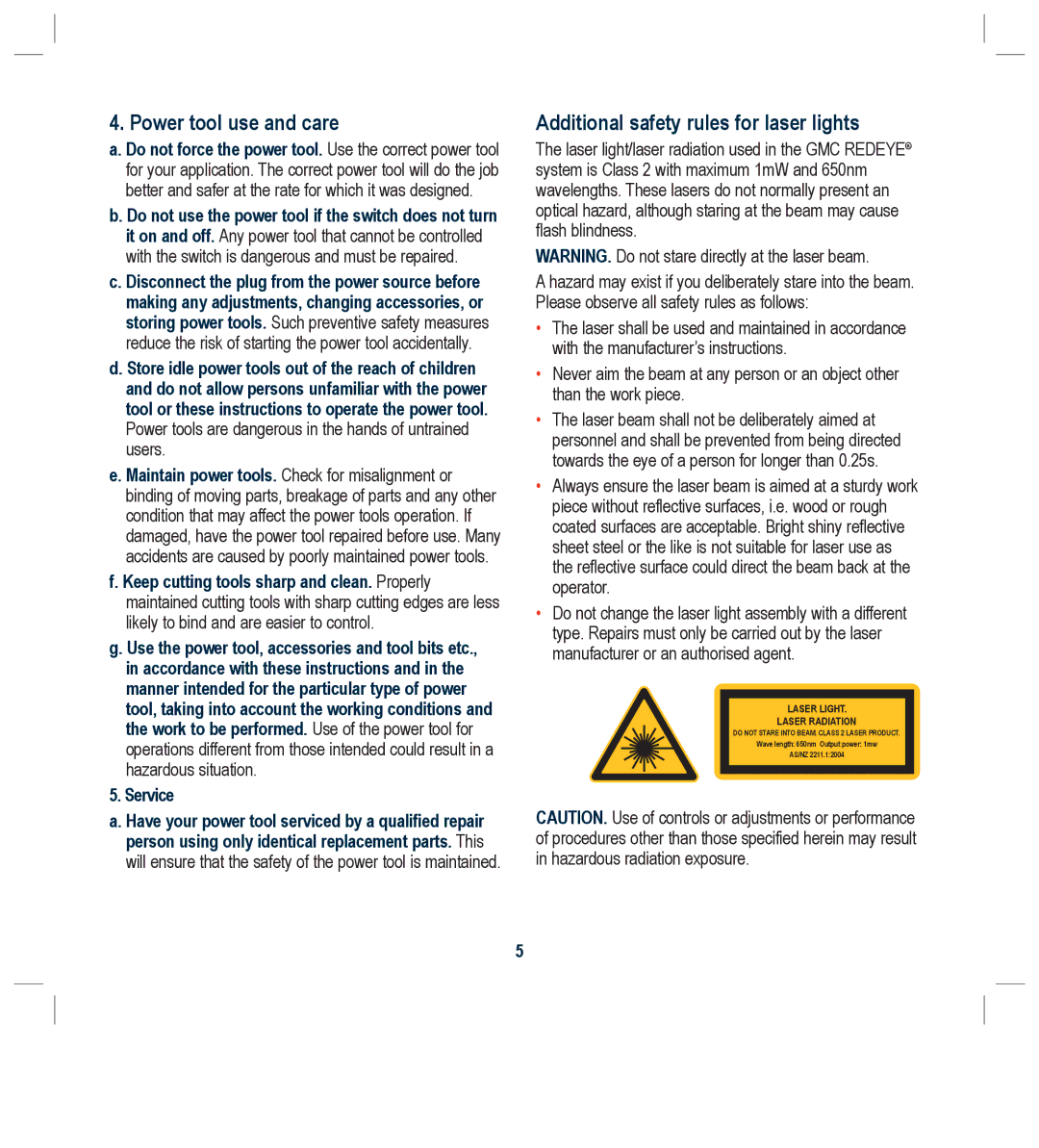 Global Machinery Company LS1200 instruction manual Power tool use and care, Additional safety rules for laser lights 