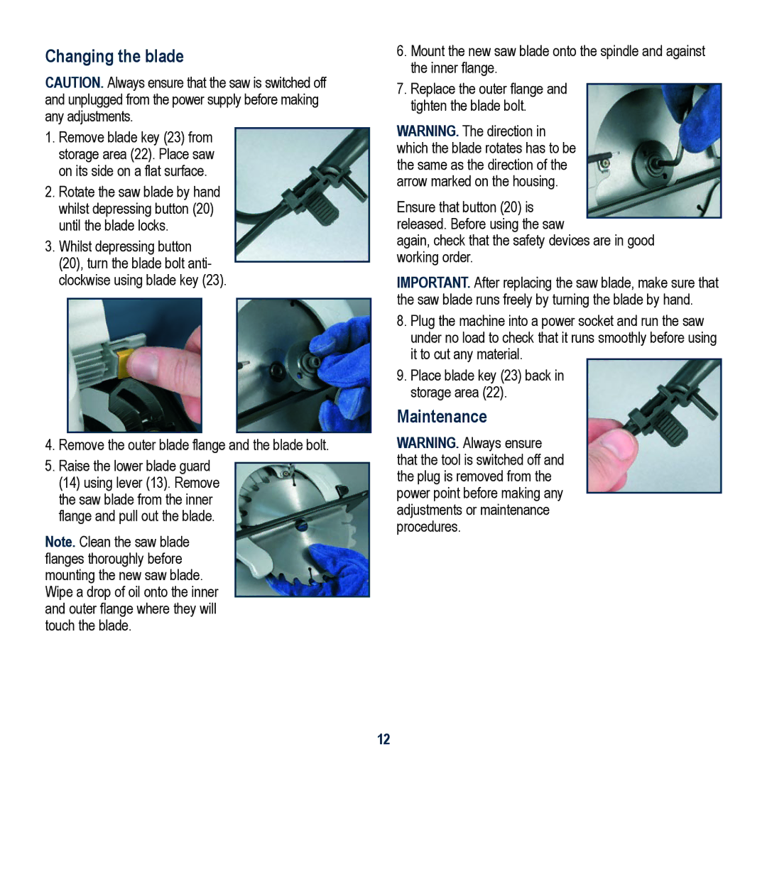 Global Machinery Company LS1375 instruction manual Changing the blade, Maintenance 