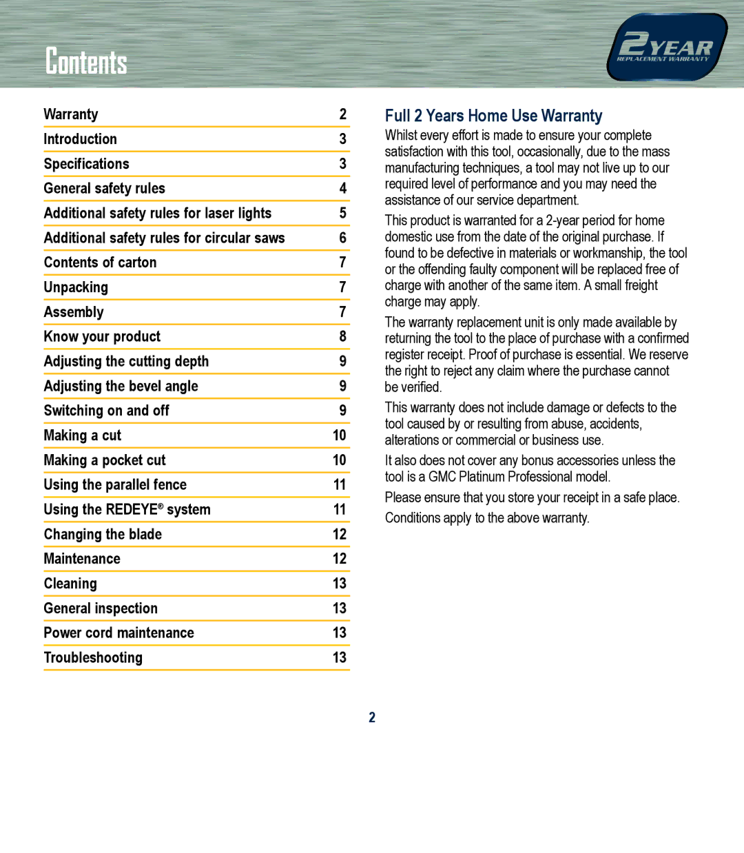 Global Machinery Company LS1375 instruction manual Contents 