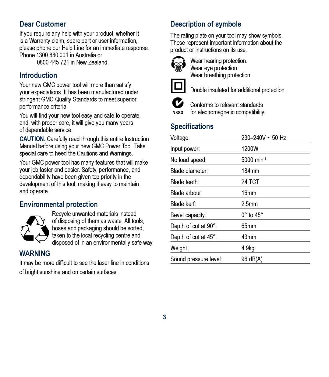 Global Machinery Company LS1375 Dear Customer, Introduction, Environmental protection, Description of symbols 