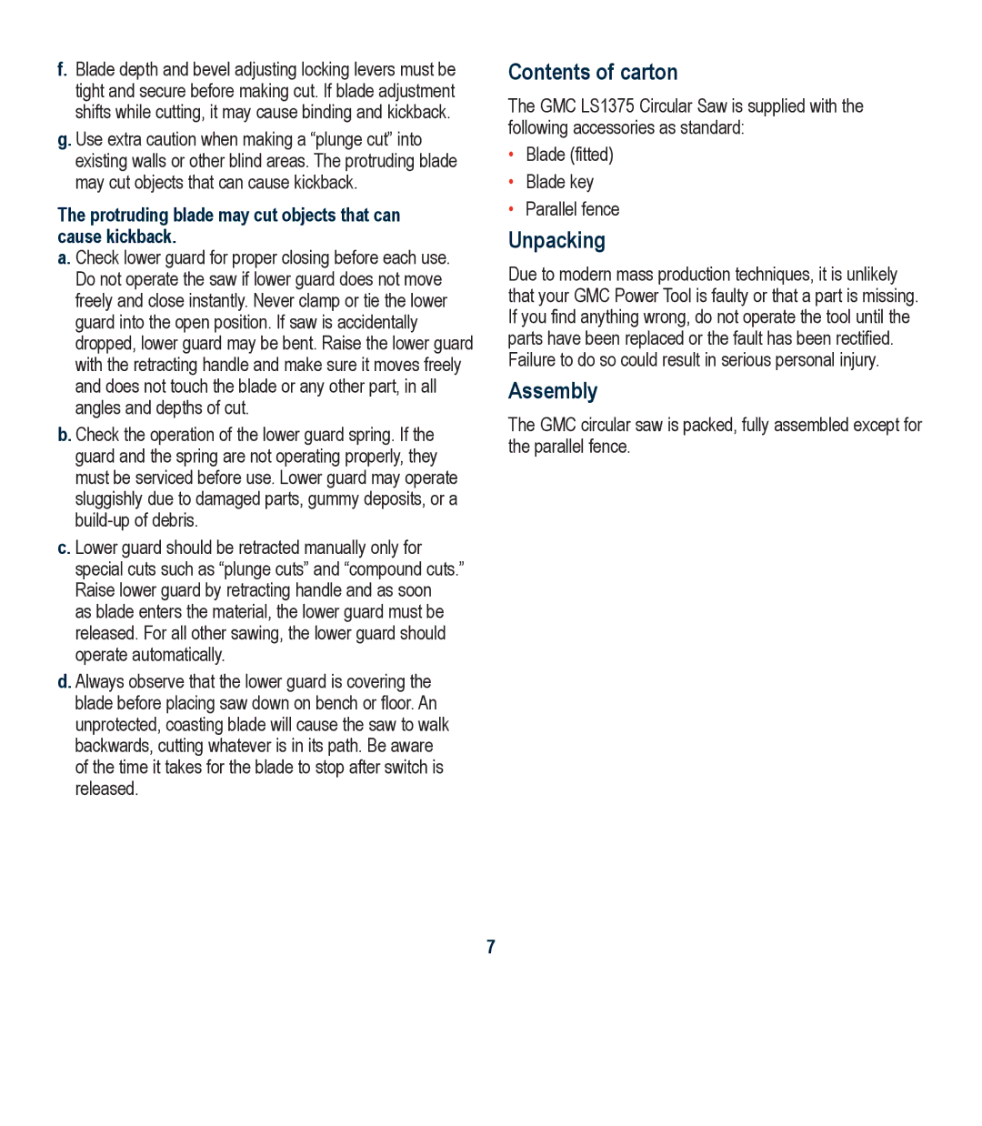 Global Machinery Company LS1375 instruction manual Contents of carton, Unpacking, Assembly 