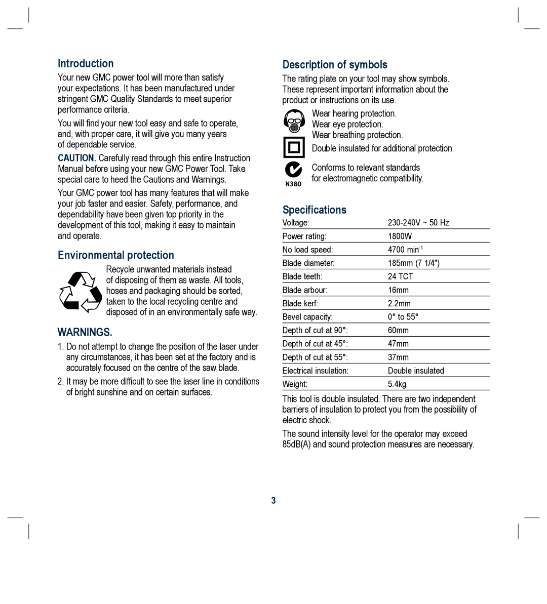 Global Machinery Company LS1800M Introduction, Environmental protection, Description of symbols, Specifications 