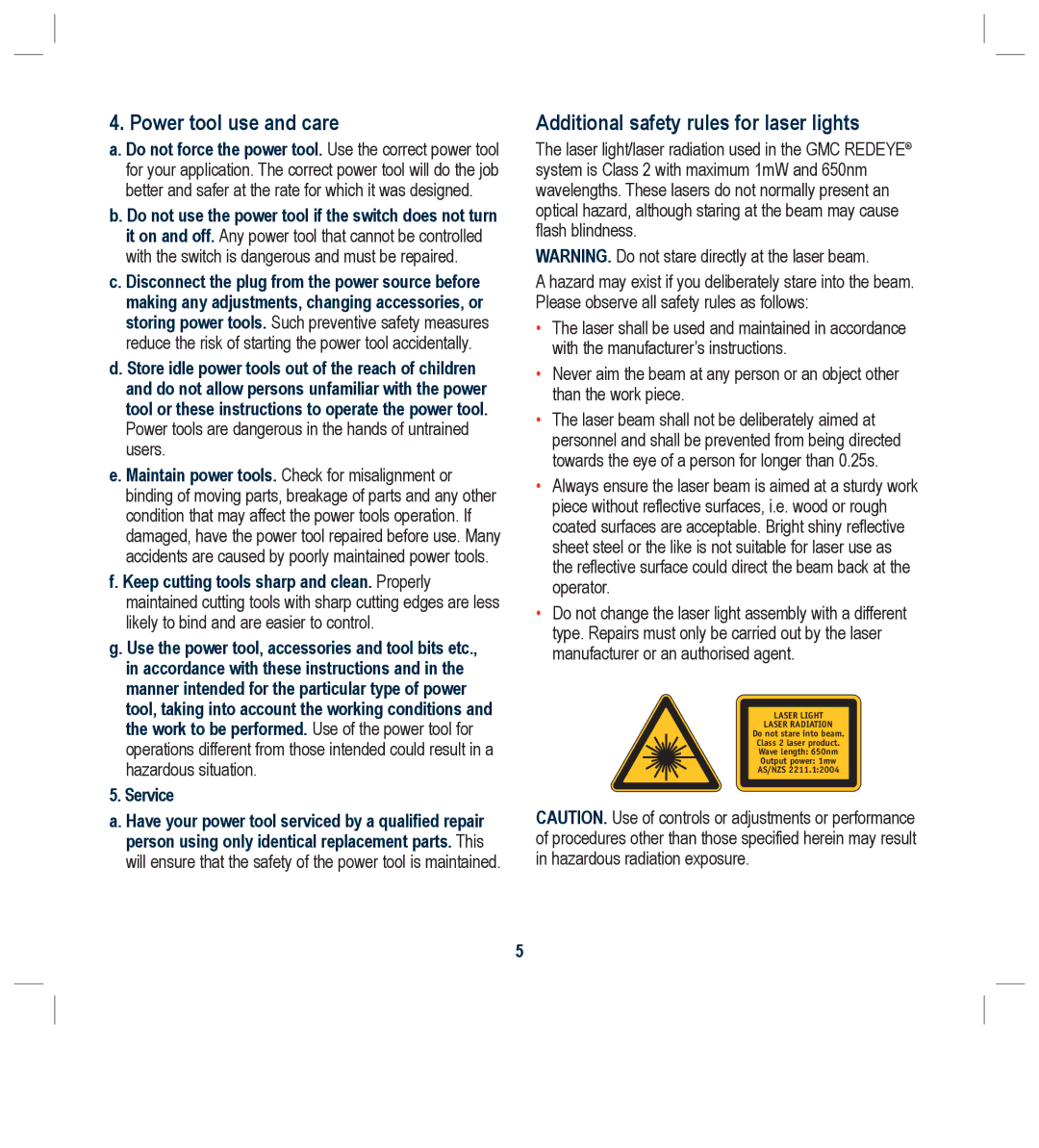 Global Machinery Company LS1800M instruction manual Power tool use and care, Additional safety rules for laser lights 