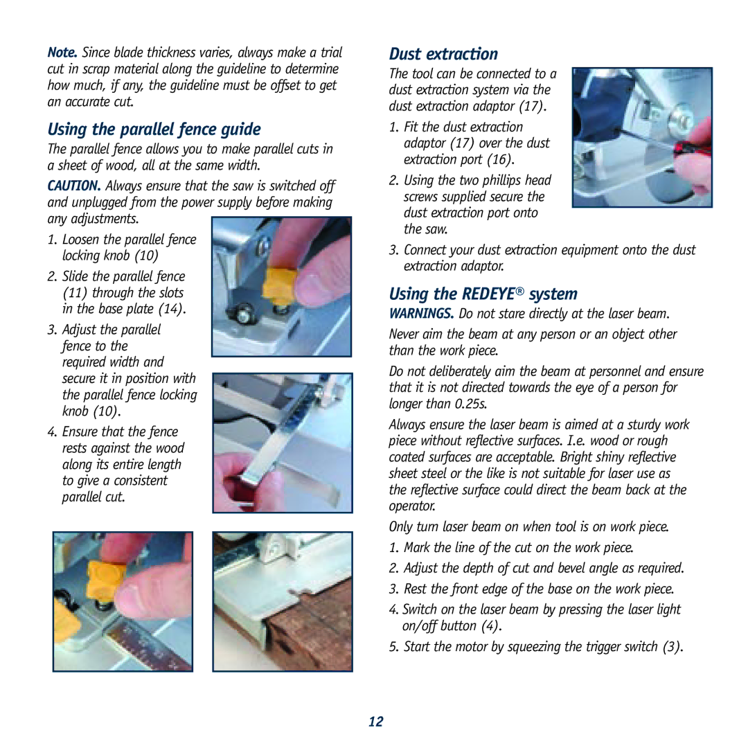 Global Machinery Company LS236LS Using the parallel fence guide, Dust extraction, Using the Redeye system 