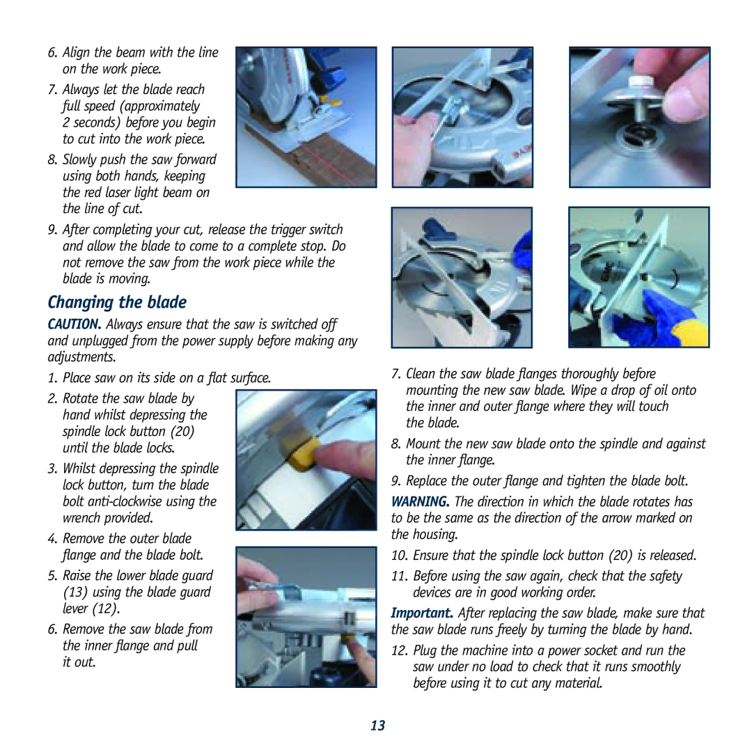 Global Machinery Company LS236LS instruction manual Changing the blade, Align the beam with the line on the work piece 