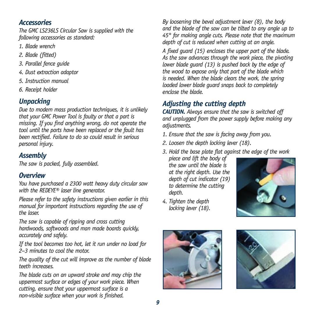 Global Machinery Company LS236LS instruction manual Accessories, Unpacking, Assembly, Overview, Adjusting the cutting depth 