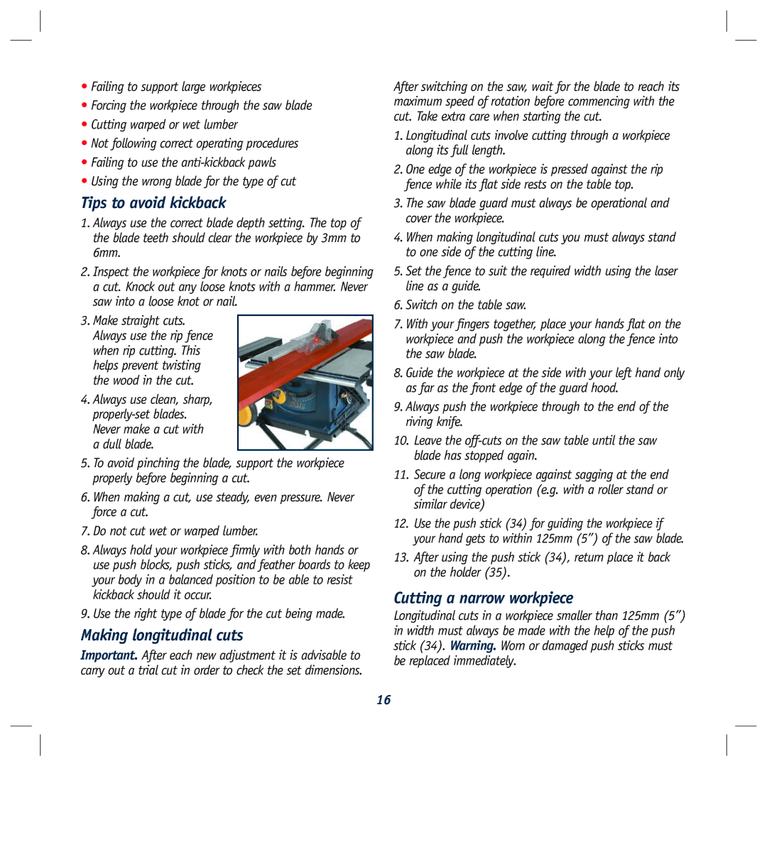 Global Machinery Company LS250TS2000W Tips to avoid kickback, Making longitudinal cuts, Cutting a narrow workpiece 