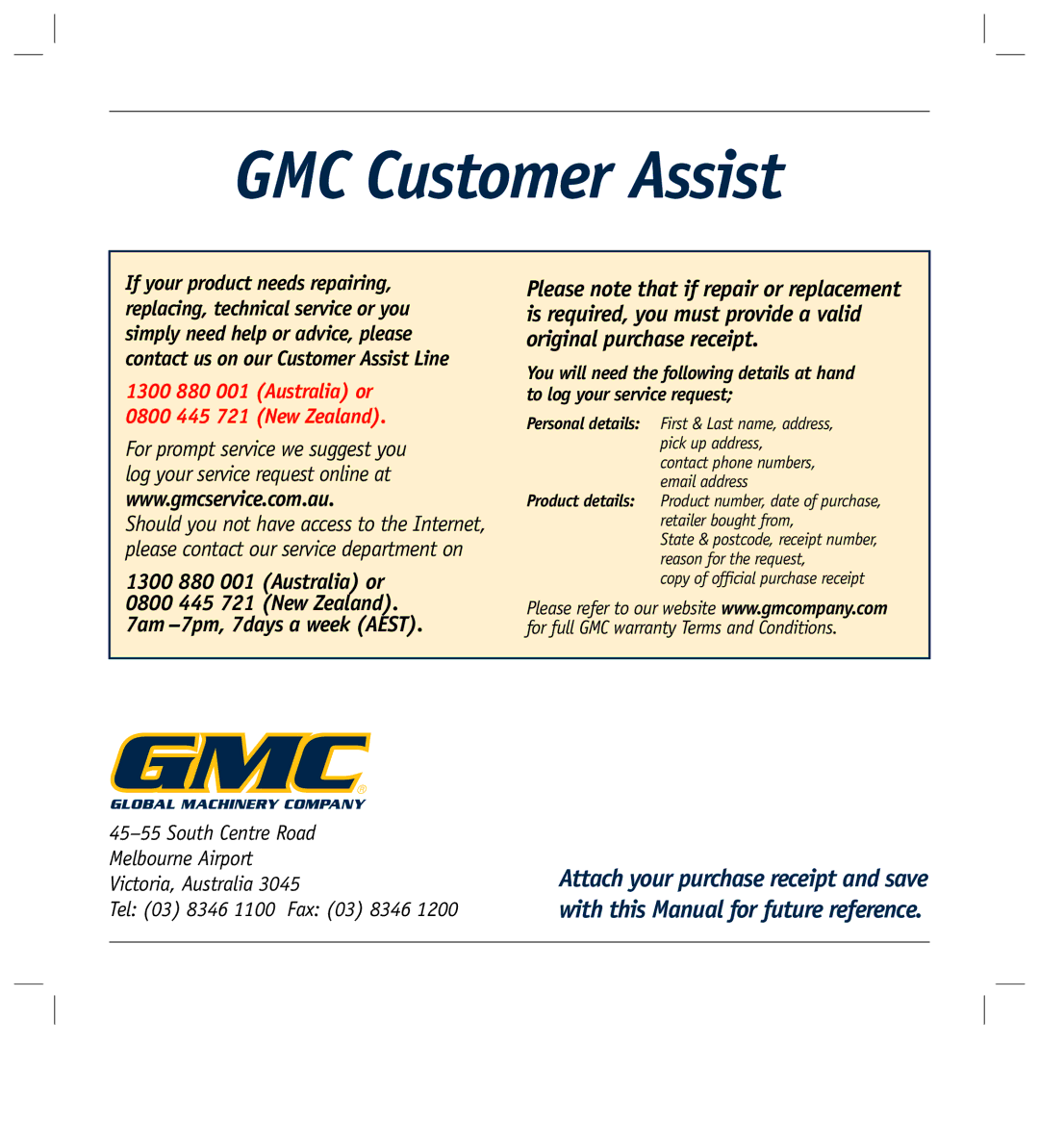 Global Machinery Company LS250TS2000W instruction manual GMC Customer Assist 