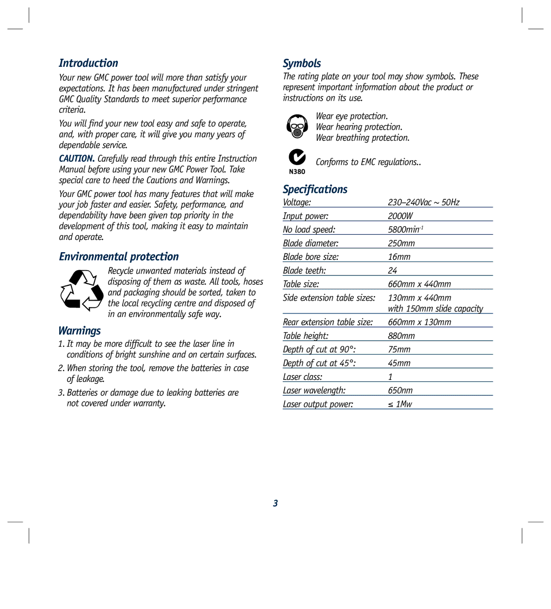 Global Machinery Company LS250TS2000W instruction manual Introduction, Environmental protection, Symbols, Specifications 