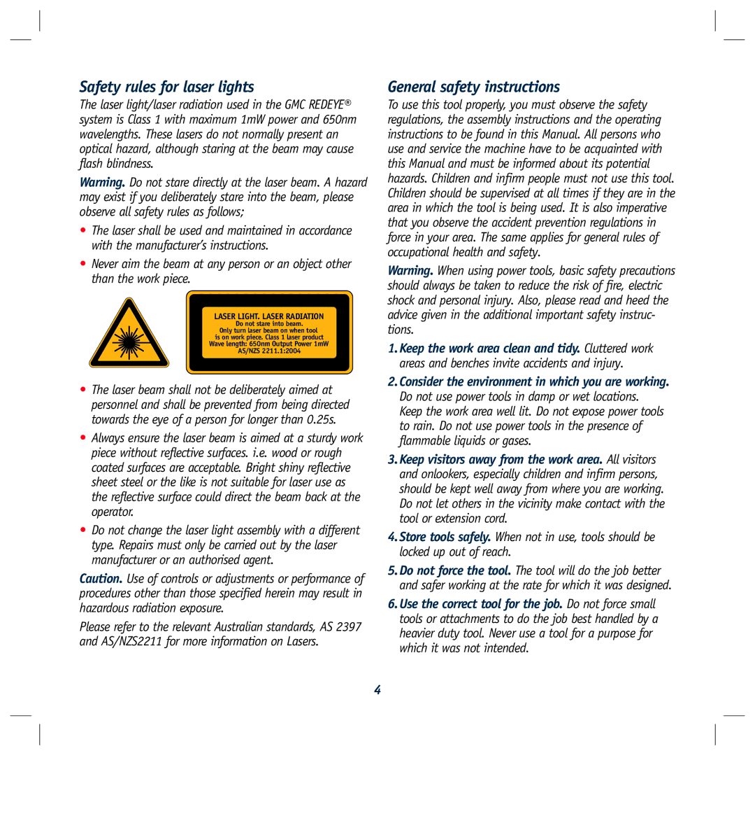 Global Machinery Company LS250TS2000W instruction manual Safety rules for laser lights, General safety instructions 