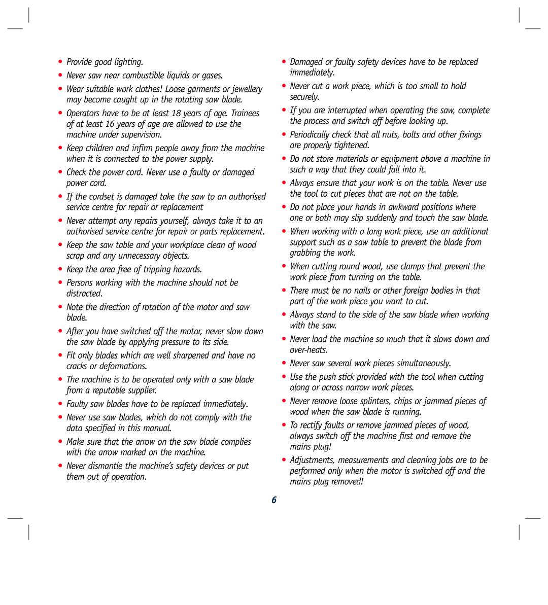 Global Machinery Company LS250TS2000W instruction manual Faulty saw blades have to be replaced immediately 