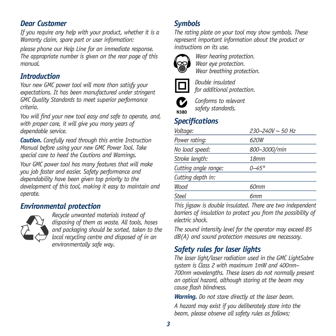 Global Machinery Company LS620SR Dear Customer, Introduction, Environmental protection, Symbols, Specifications 