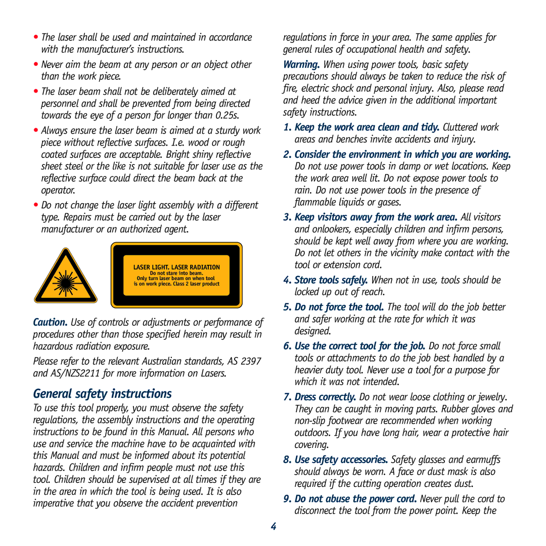 Global Machinery Company LS620SR instruction manual General safety instructions, Laser LIGHT. Laser Radiation 