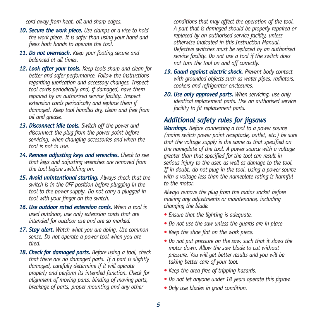 Global Machinery Company LS620SR Additional safety rules for jigsaws, Cord away from heat, oil and sharp edges 