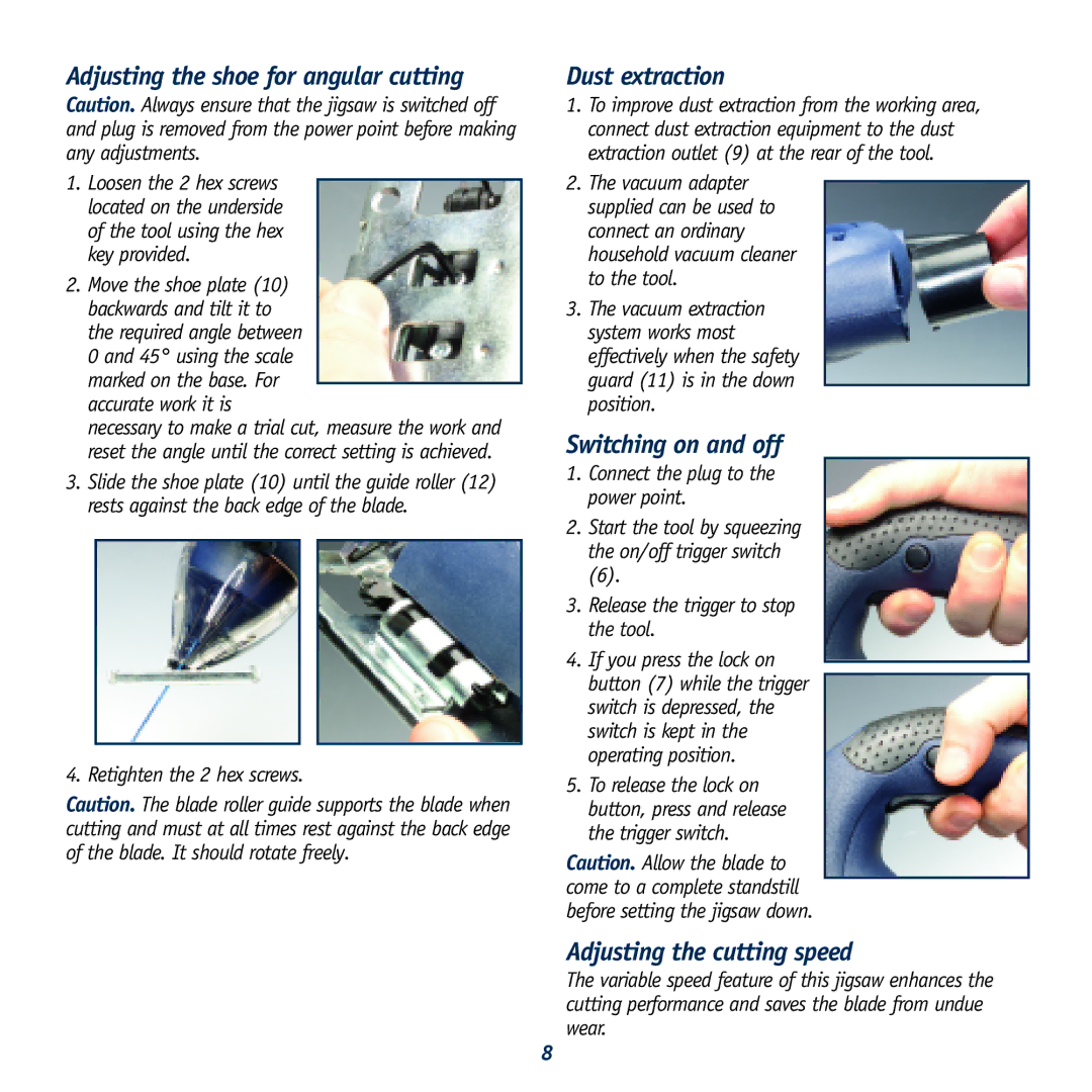 Global Machinery Company LS620SR Adjusting the shoe for angular cutting, Dust extraction, Switching on and off 