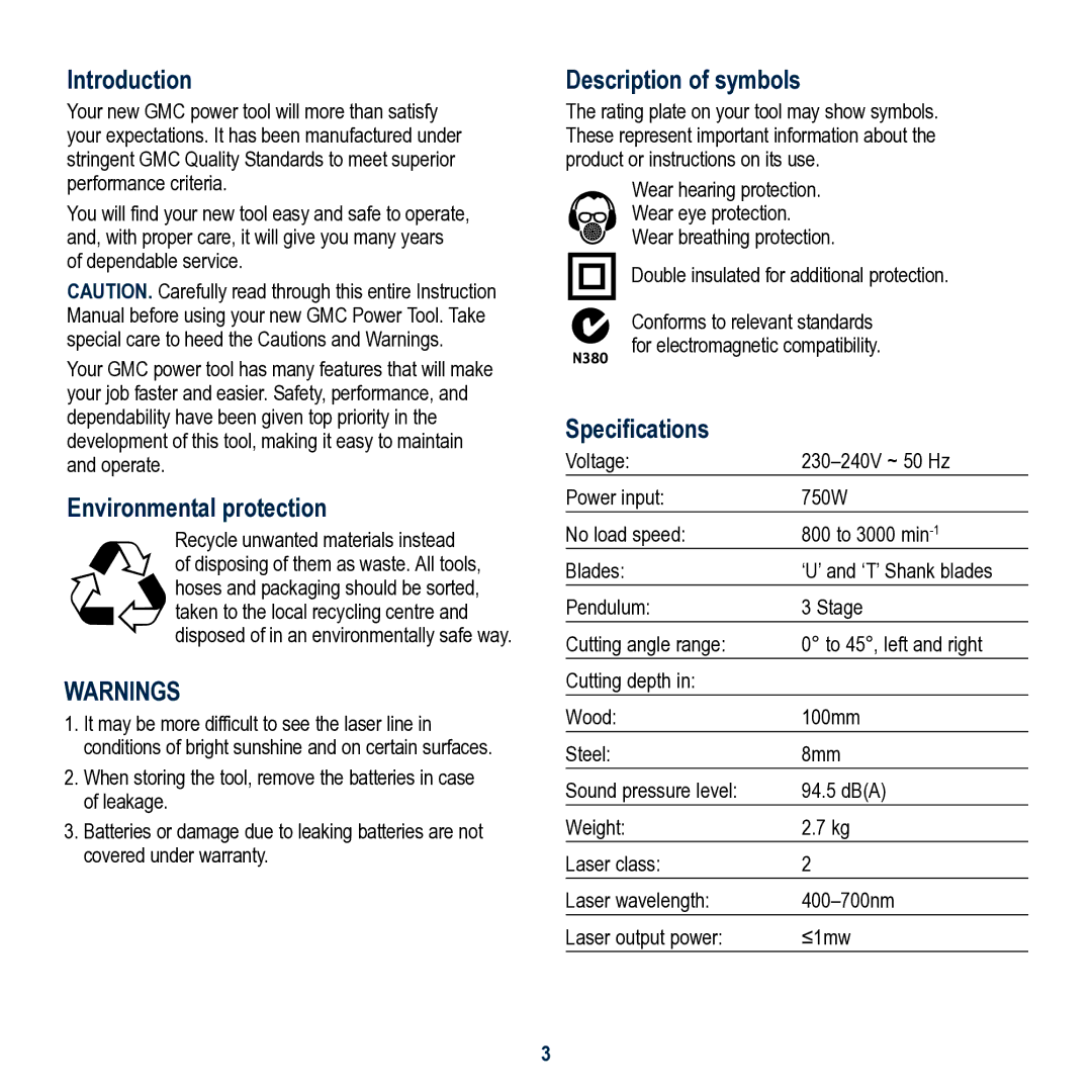 Global Machinery Company LS750P JM Introduction, Environmental protection, Description of symbols, Specifications 